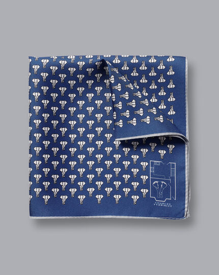 Elephant in a Room Motif Silk Pocket Square - Cobalt Blue