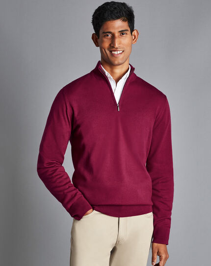 Merino Zip Neck Sweater - Cherry Pink