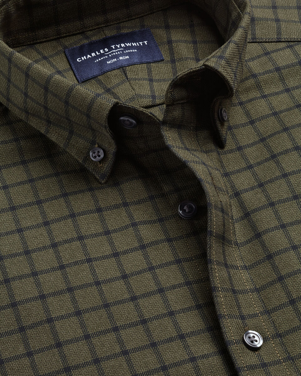 Non-Iron Twill Check Shirt - Olive Green