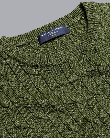 Merino Linen Cable Knit Crew Neck Sweater - Olive