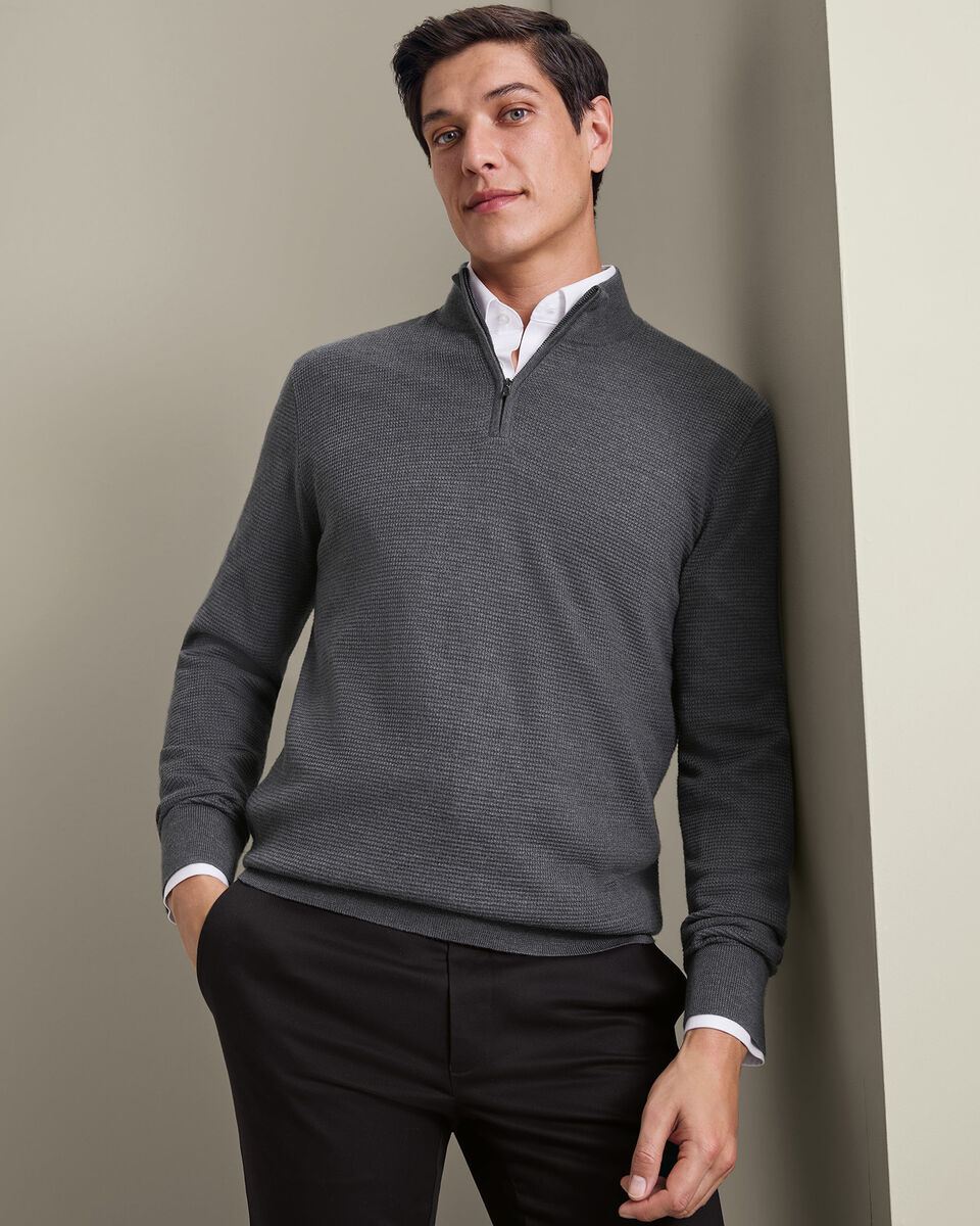 Pull &agrave; col zipp&eacute; en pure laine m&eacute;rinos textur&eacute;e - Gris