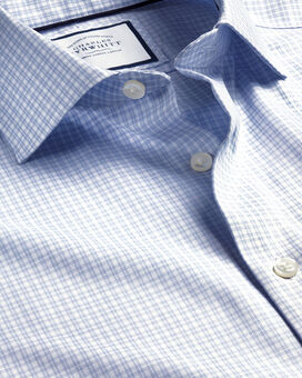 Chemise à carreaux en lin de coton sans repassage col semi-coupé - Bleu Ciel