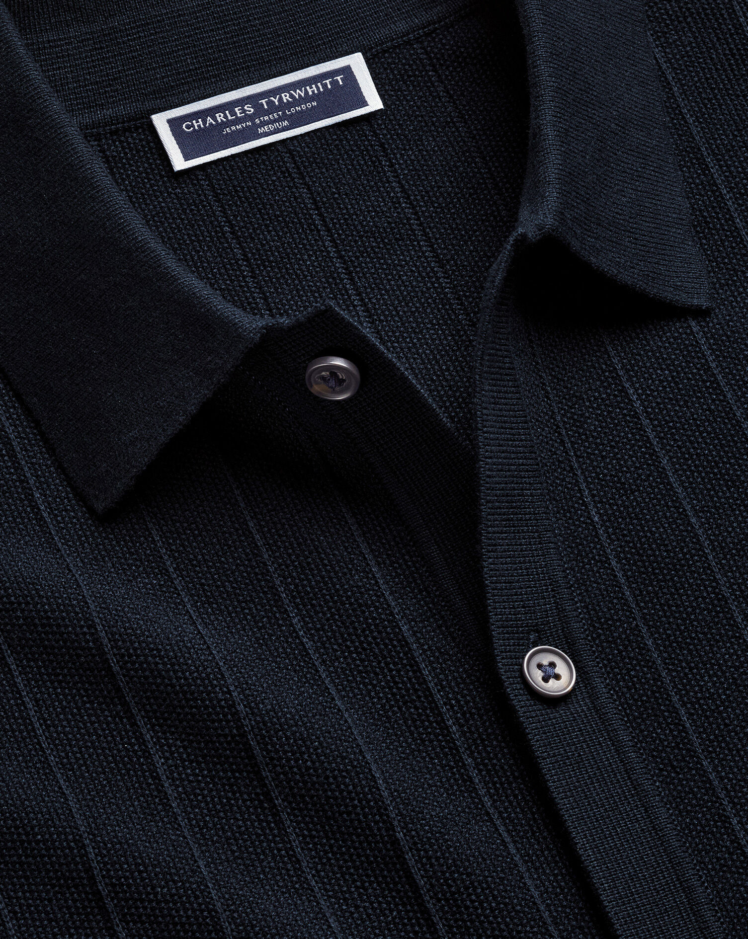 Cotton Stripe Texture Button Through Knitted Polo – Navy | Charles