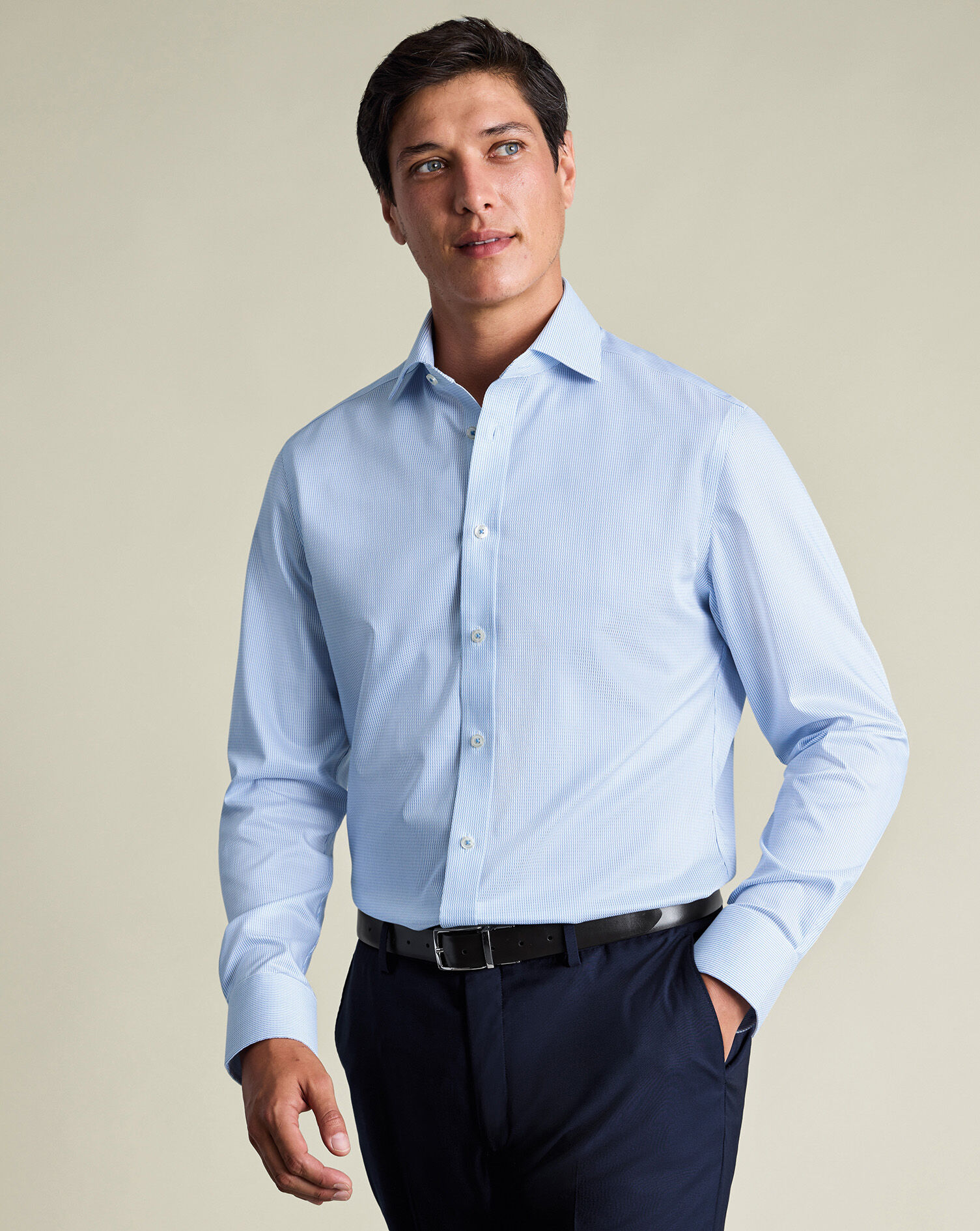 Non-Iron Stretch Greenwich Weave Stripe Shirt - Cornflower Blue