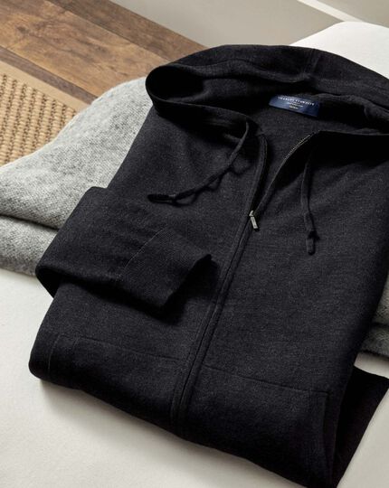 Merino Hooded Zip Through Sweater - Dark Charcoal