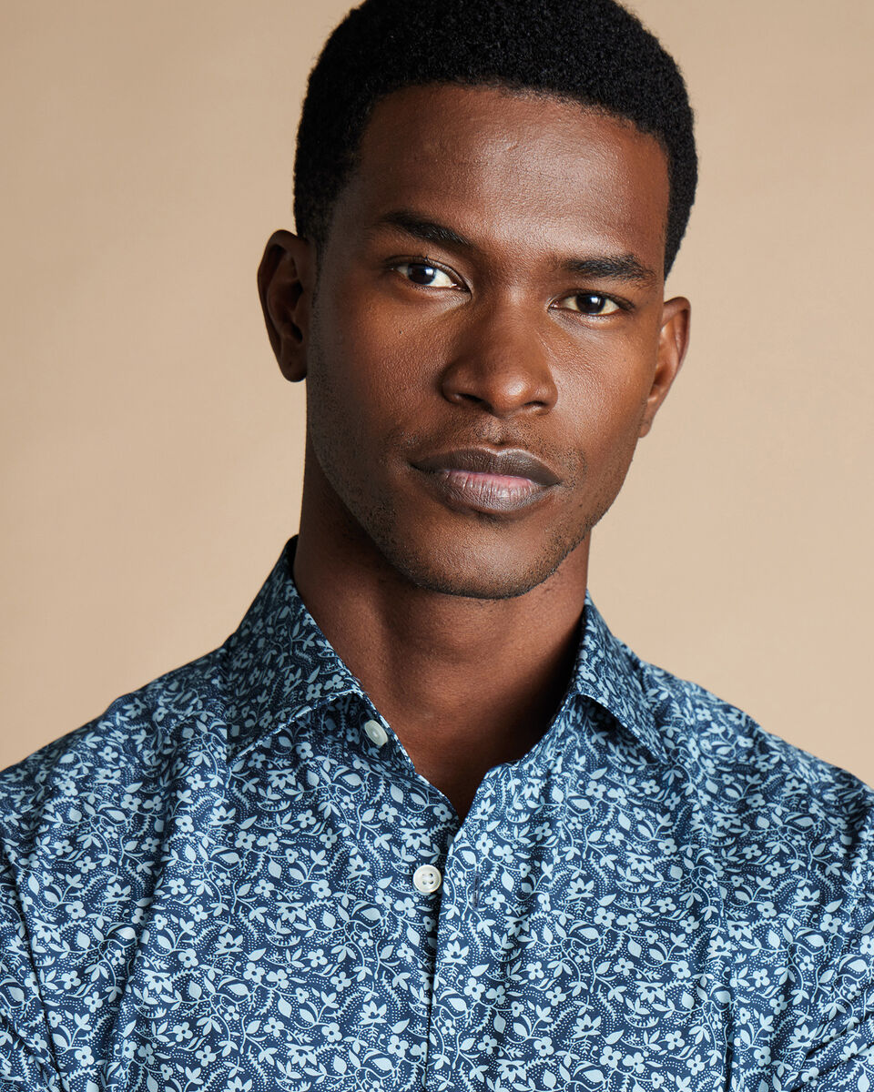 Made with Liberty Fabric SemiSpread Collar Floral Print Shirt Steel