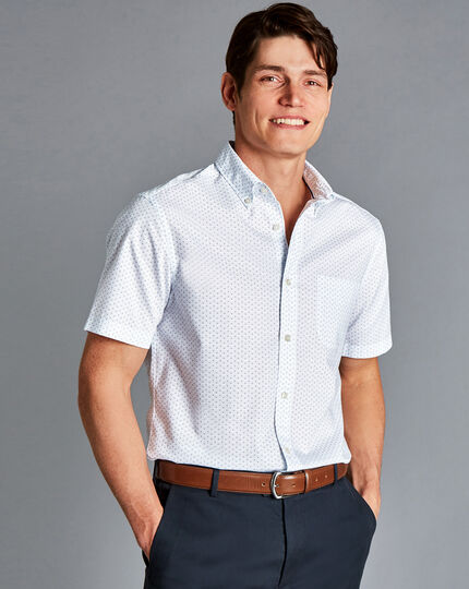 Button-Down Collar Non-Iron Stretch Spot Print Short Sleeve Shirt - Ocean Blue