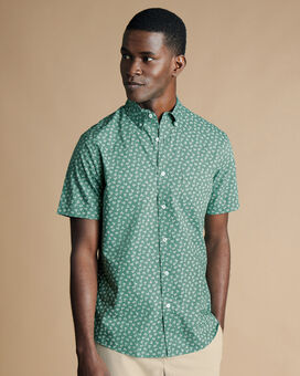 Button-Down Collar Non-Iron Stretch Ditsy Floral Print Short Sleeve Shirt - Teal Green