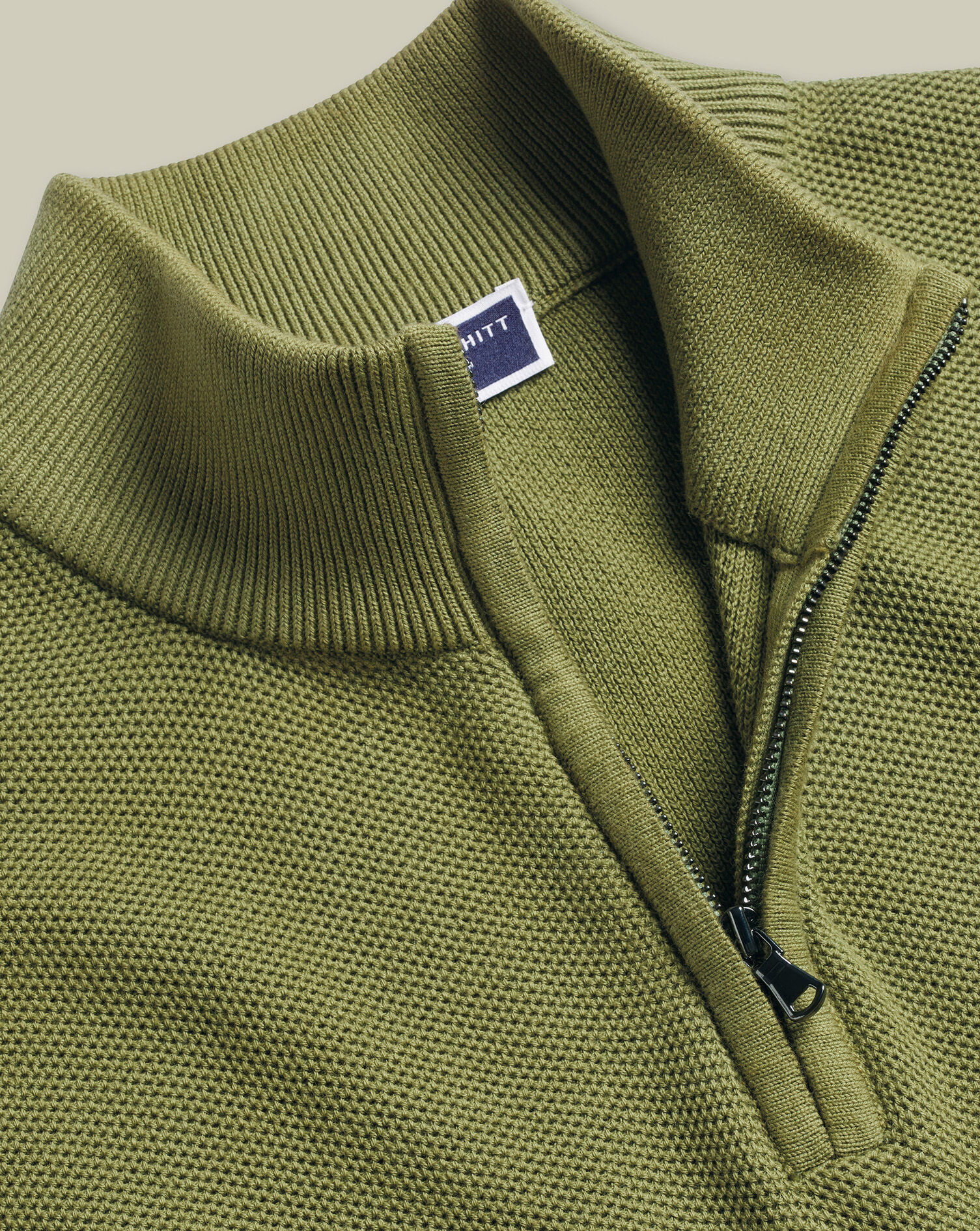 Honeycomb Cotton Quarter Zip Sweater - Moss Green | Charles Tyrwhitt