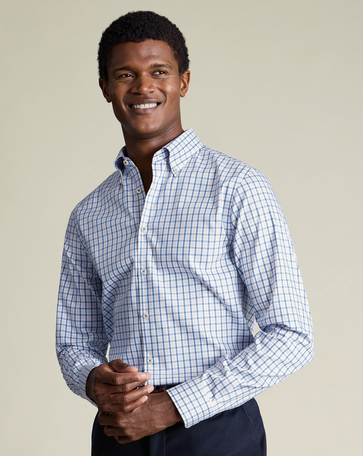 Non-Iron Stretch Oxford Check Shirt - Blue | Charles Tyrwhitt US