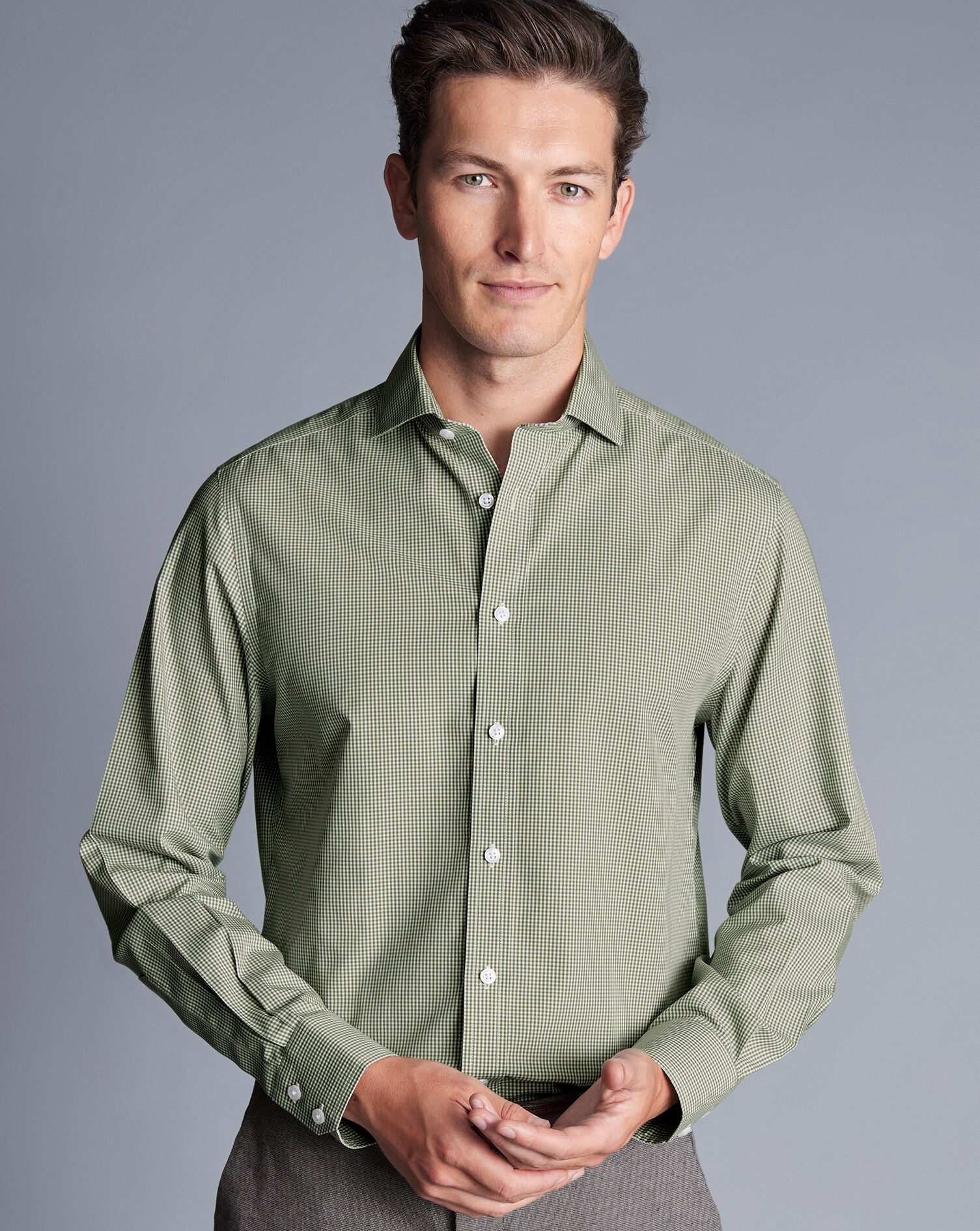 Spread Collar Non-Iron Mini Gingham Check Shirt - Olive Green