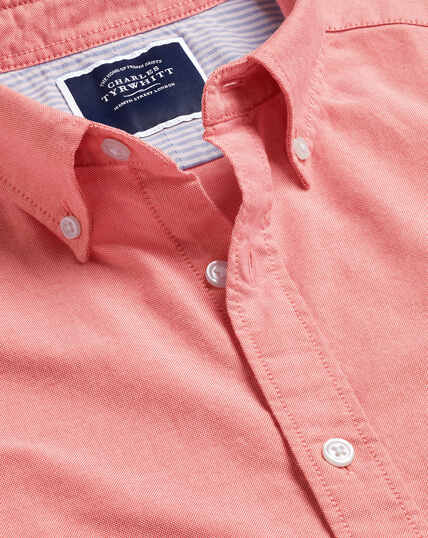 Button-Down Collar Washed Oxford Short Sleeve Shirt - Salmon Pink