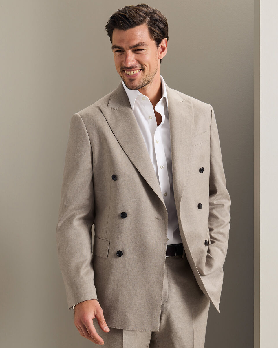 Double Breasted Italian Flannel Suit Jacket - Taupe