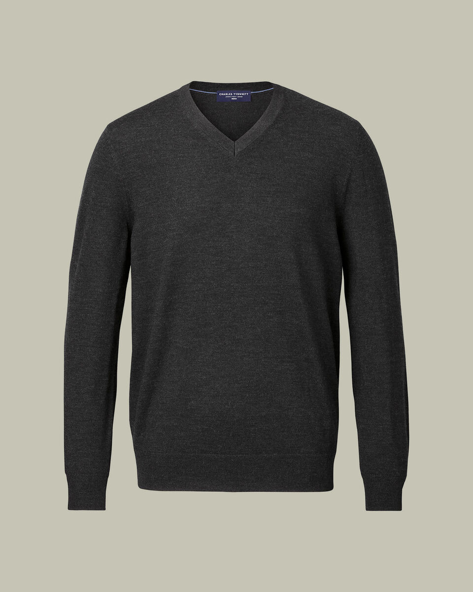 Pull en pur m&eacute;rinos &agrave; col en V - Gris anthracite