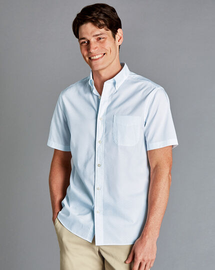 Button-Down Collar Non-Iron Stretch Geo Print Short Sleeve Shirt - Light Blue