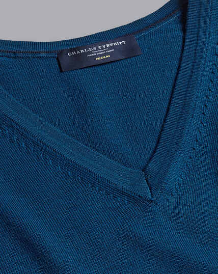 Pure Merino V Neck Sweater - Dark Turquiose Blue