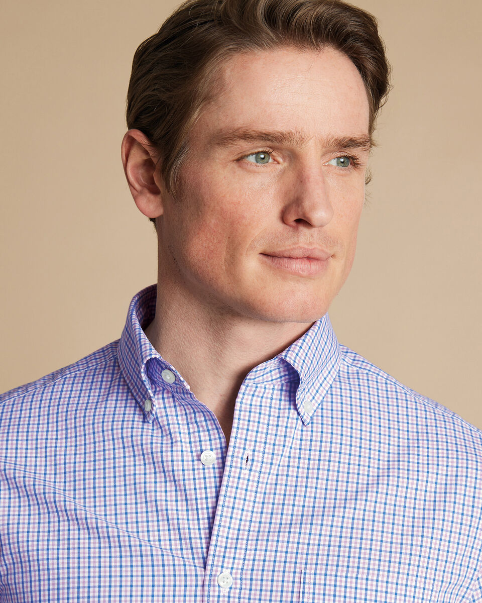 Chemise en popeline extensible à mini carreaux vichy à col boutonné sans repassage - Lilas foncé et bleu