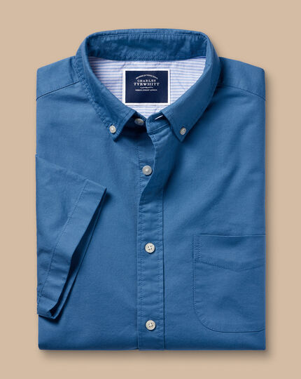 Vorgewaschenes Oxford-Kurzarmhemd mit Button-down-Kragen - Ozeanblau
