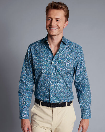 Made With Liberty Fabric Petal Print Semi-Cutaway Collar Shirt - Indigo Blue