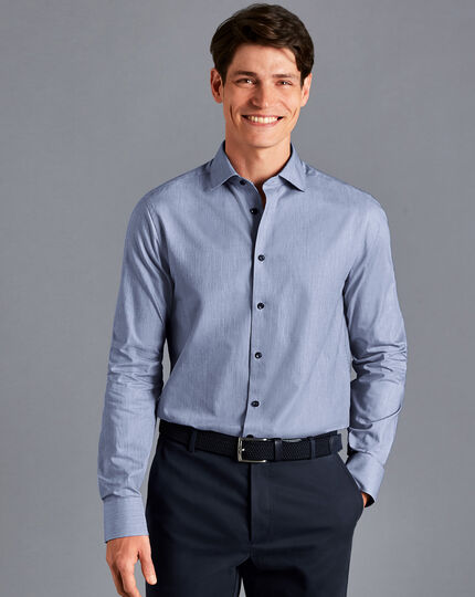 Semi-Spread Collar Twill Shirt with Printed Trim - Royal Blue