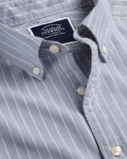 Button-Down Collar Washed Oxford Butchers Stripe Shirt - Steel Blue 