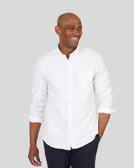 Button-Down Collar Washed Oxford Shirt With Pocket - White