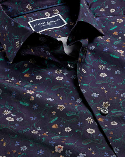 Made With Liberty Fabric Large Floral Print Semi-Spread Collar Shirt - Navy