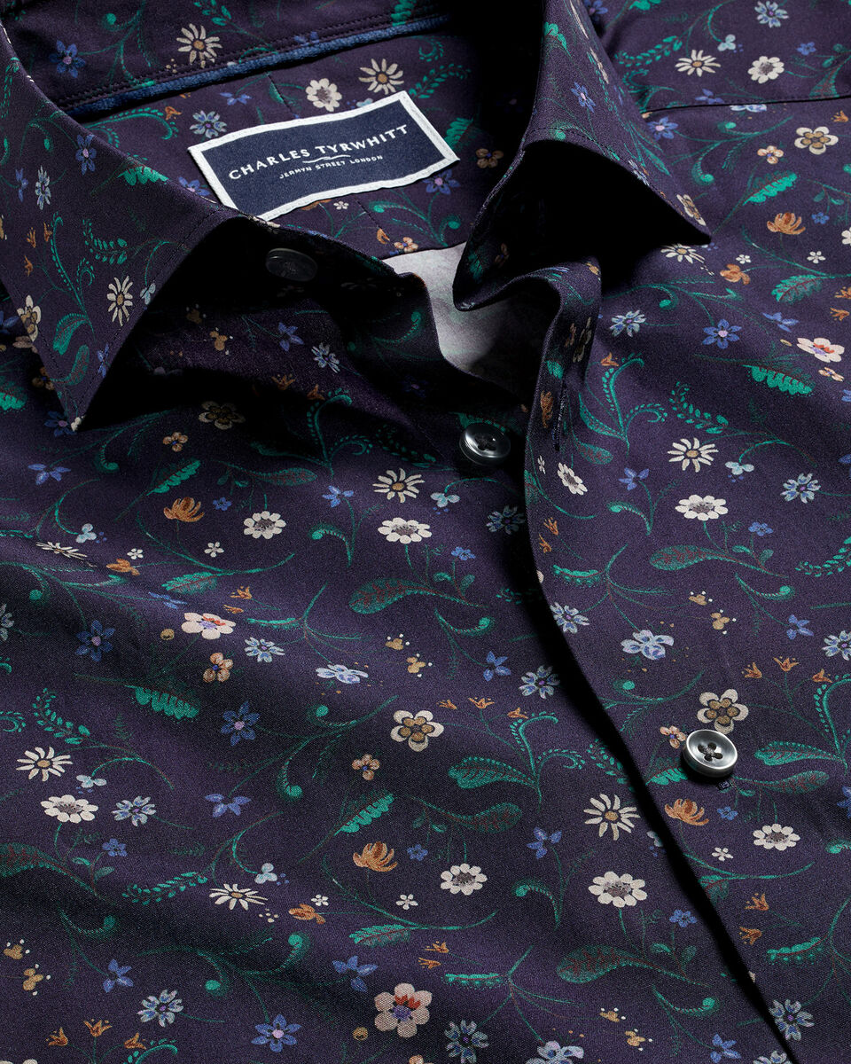 Made With Liberty Fabric Large Floral Print Semi-Spread Collar Shirt - Navy  | Charles Tyrwhitt