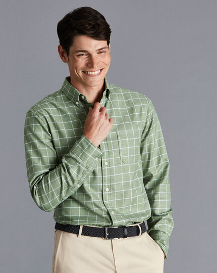Button-Down Collar Non-Iron Twill Windowpane Check Shirt - Green