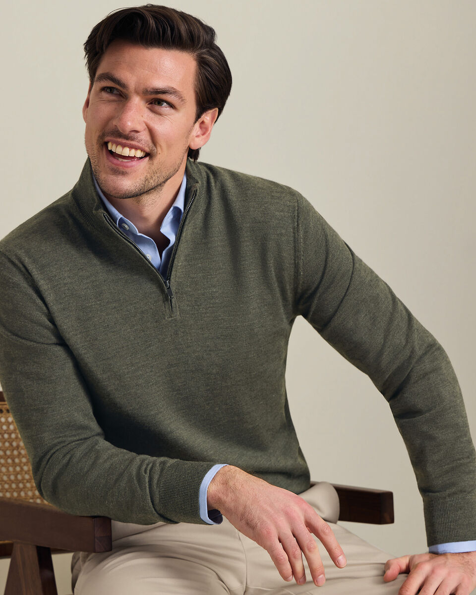 Pull &agrave; col zipp&eacute; en m&eacute;rinos - Vert Olive Chin&eacute;