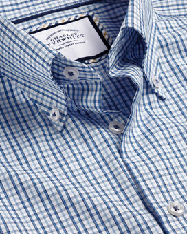 Bügelfreies Oxfordhemd mit Button-down-Kragen und bunten Karos - Ozeanblau