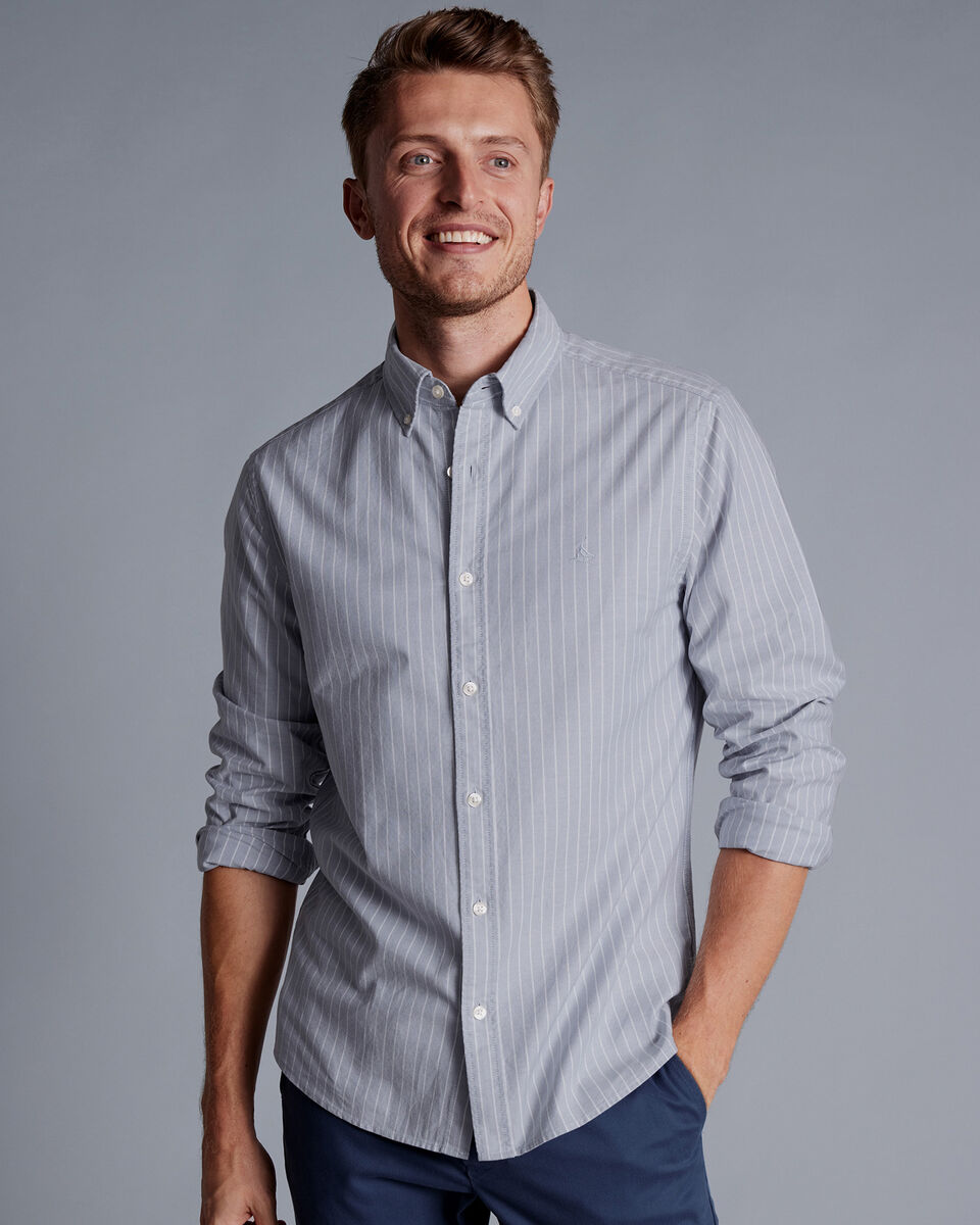 Button-Down Collar Washed Oxford Butchers Stripe Shirt - Steel 