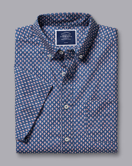 Bügelfreies Stretch-Kurzarmhemd aus Popeline mit Button-down-Kragen und Blattmuster - Königsblau