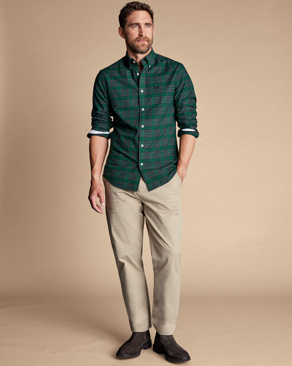 New York Jets ButtonDown Collar Washed Oxford Check Shirt Green Charles Tyrwhitt