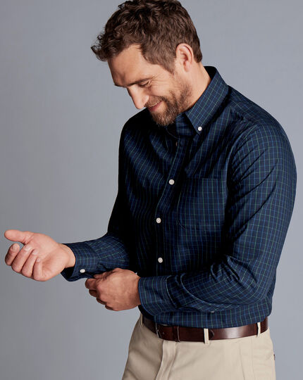 Button-Down Collar Non-Iron Stretch Poplin Check Shirt - Dark Navy