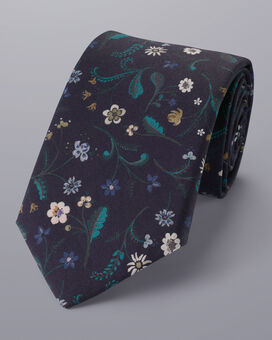Made With Liberty Fabric Large Floral Print Cotton Tie - Navy