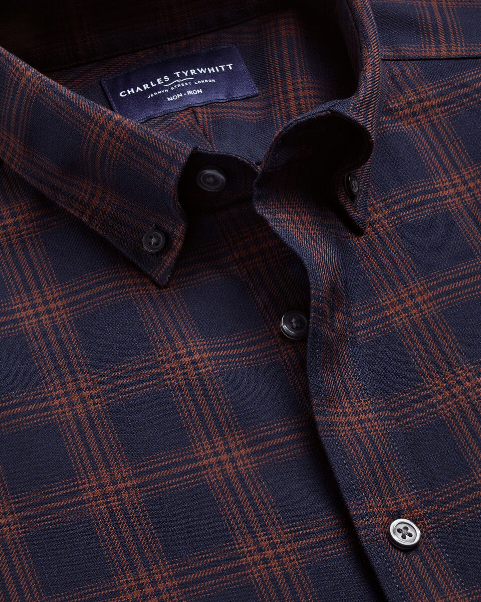 Non-Iron Twill Check Shirt - Navy & Amber