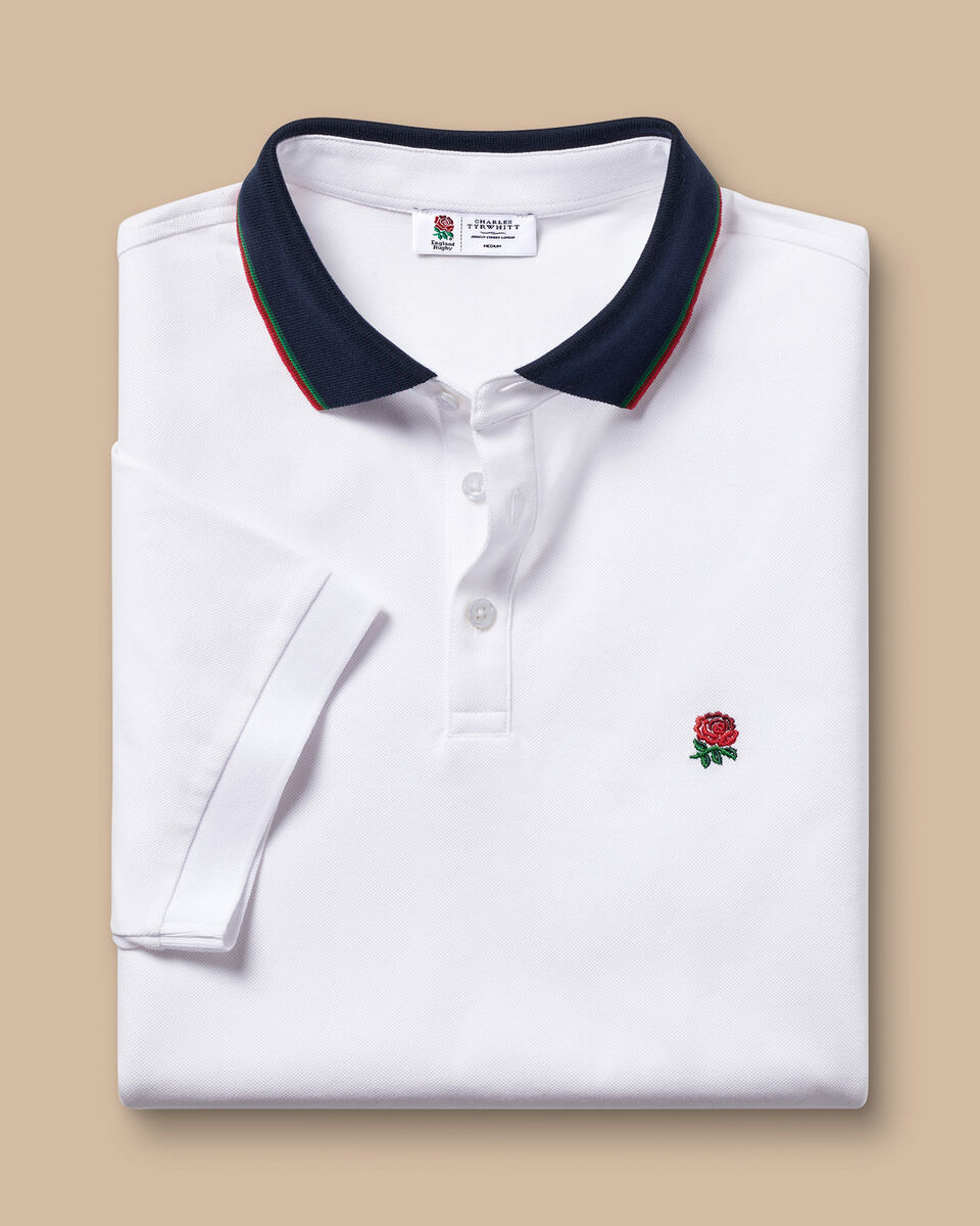 England Rugby Collar Detail Pique Polo White Charles Tyrwhitt