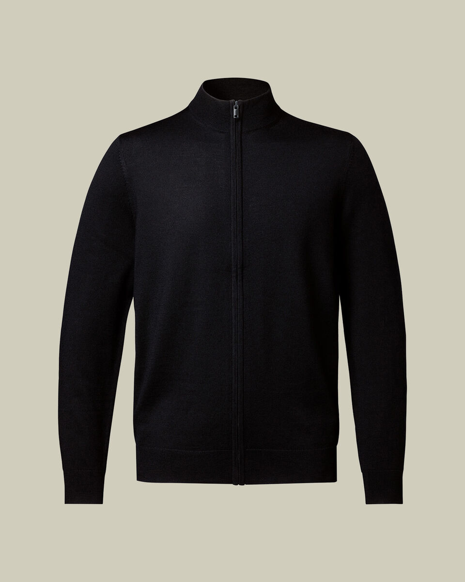 Pure Merino Full Zip Through Cardigan - Black