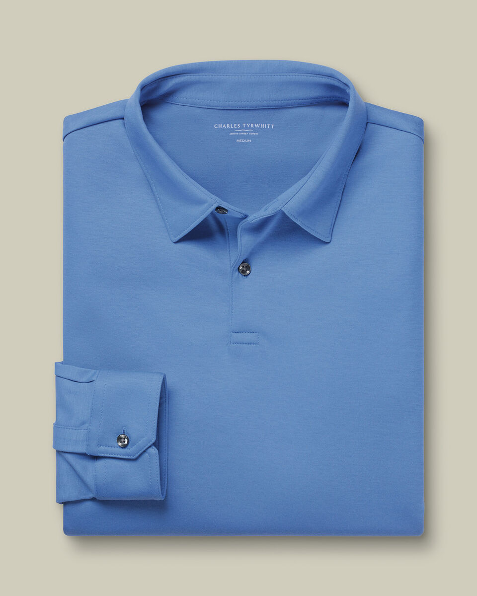 Long Sleeve Smart Cotton Polo - Cornflower Blue