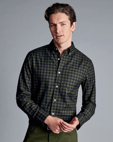 Button-Down Collar Non-Iron Twill Gingham Shirt - Olive Green