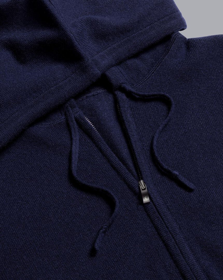 Merino Cashmere Hooded Zip Through Sweater - Navy