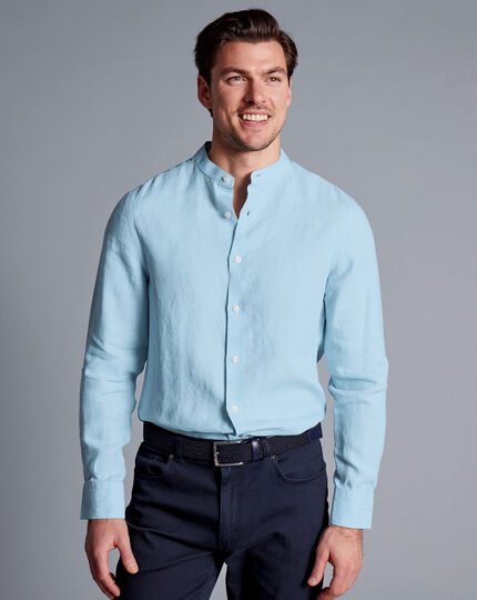Collarless Pure Linen Shirt - Light Blue | Charles Tyrwhitt