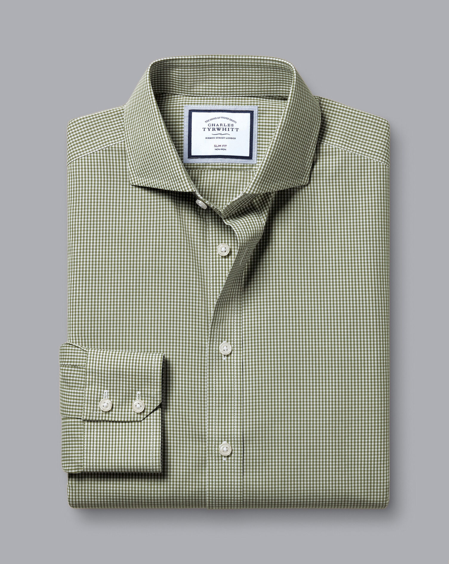 Spread Collar Non-Iron Mini Gingham Check Shirt - Olive Green