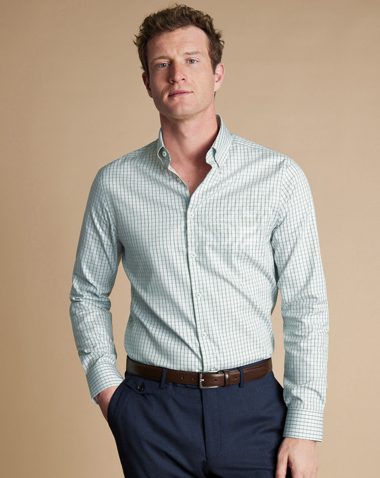 Button-Down Collar Non-Iron Grid Check Oxford Shirt - Sage Green