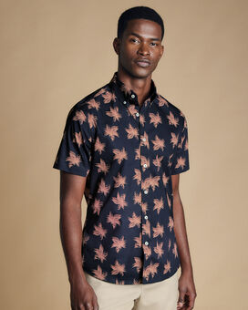 Button-Down Collar Non-Iron Stretch Large Floral Print Short Sleeve Shirt - Navy