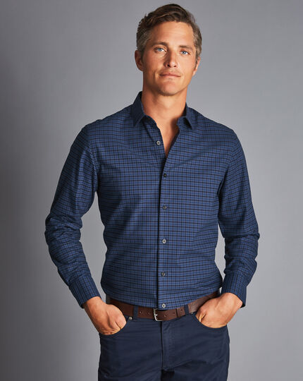 Tonal Check Fine Flannel Shirt - Blue