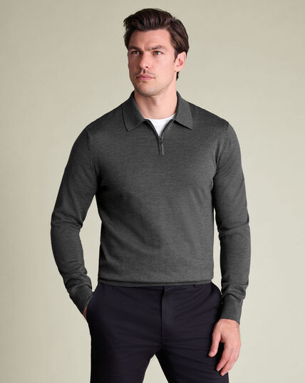 Pure Merino Wool Quarter Zip Polo - Grey
