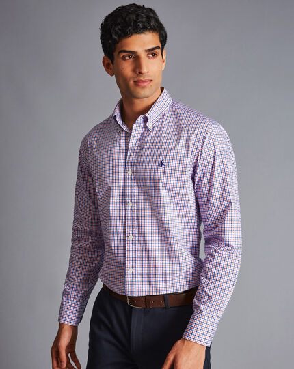Button-Down Collar Non-Iron Stretch Poplin Check Shirt - Pink and Blue