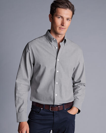 Button-Down Collar Brushed Cotton Twill Shirt - Light Grey